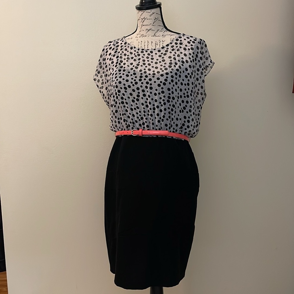 🍄Polka dot cocktail dress, black and white, pink accent belt, women's size 12